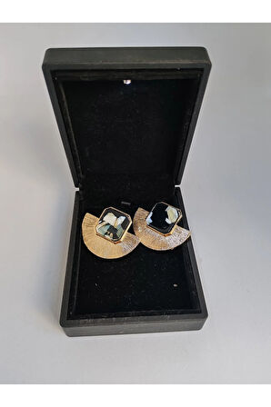 Çelik Yelpaze Figürlü Küpe Siyah Doğal Taşlı