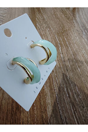 Çelik Ay Şekilli Doğal Taşlı Yeşil Küpe