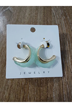 Çelik Ay Şekilli Doğal Taşlı Yeşil Küpe