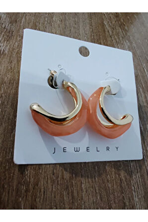 Çelik Ay Şekilli Doğal Taşlı Turuncu Küpe