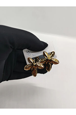 Çelik Büyük Çiçekli Küpe Gold