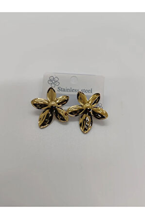 Çelik Büyük Çiçekli Küpe Gold