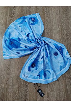 Madame Polo Büyük Çiçek Desenli Şal Mavi