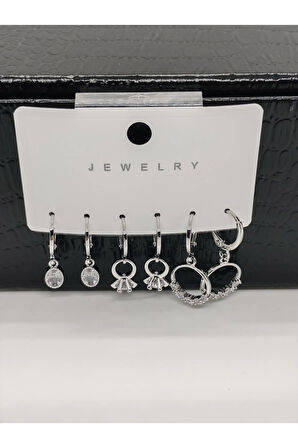 6lı Çelik Küpe Yuvarlak Taşlı Silver