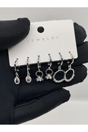 6lı Çelik Küpe Yuvarlak Taşlı Silver