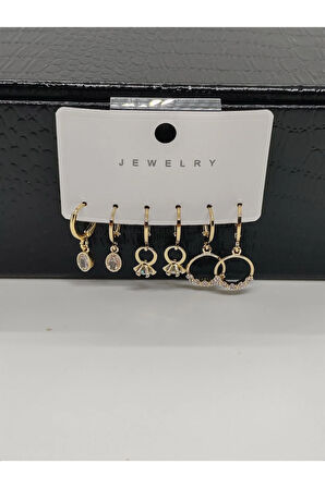 6lı Çelik Küpe Yuvarlak Taşlı Gold