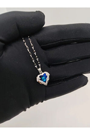 Kalp Figürlü Taşlı Gümüş Renk Çelik Kolye