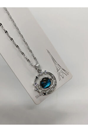 Galaxy Figürlü Taşlı Gümüş Renk Çelik Kolye