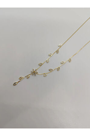 Yaprak Figürlü Gold Renk Uzun Kolye