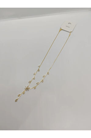 Yaprak Figürlü Gold Renk Uzun Kolye