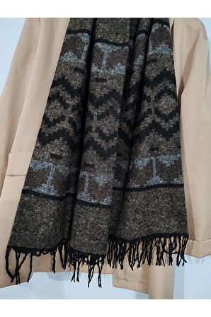 Omuz ve Boyun Şalı Desenli Kahve