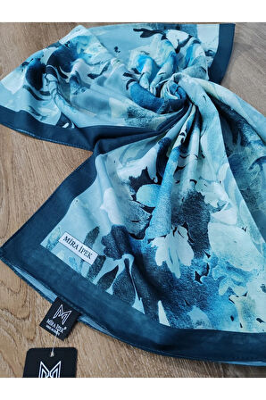 Renkli Desenli Boyun ve Tesettür Şal Petrol Mavisi