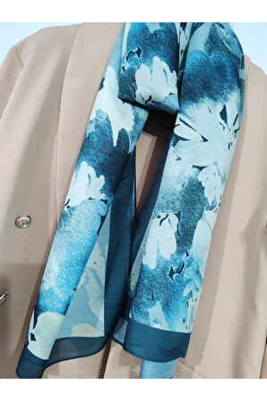Renkli Desenli Boyun ve Tesettür Şal Petrol Mavisi