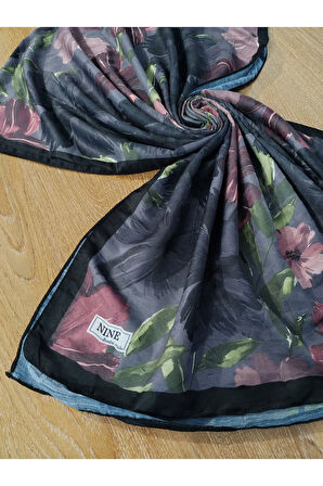 Renkli Desenli Boyun ve Tesettür Şal Siyah Çiçekli