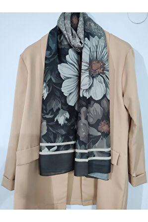 Renkli Desenli Boyun ve Tesettür Şal Antrasit Desenli