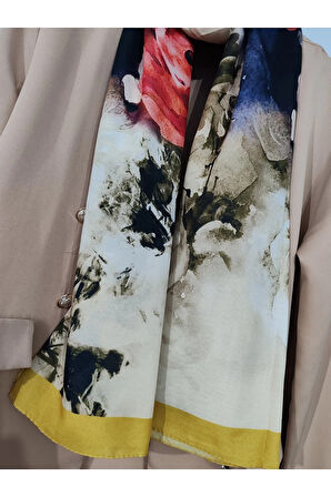 Renkli Desenli Boyun ve Tesettür Şal Sarı