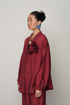 Kadın Gül Detaylı Düz Renk Oversize Kesim Kimono