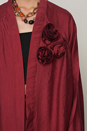 Kadın Gül Detaylı Düz Renk Oversize Kesim Kimono