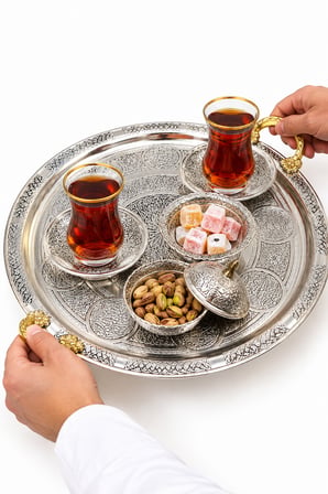 İşlemeli Kulplu Bakır Sunum ve Çay Tepsisi