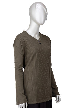 Oppland Kadın Kışlık Yünlü Örme Triko Anne Kazak Elmas Desenli iki Düğmeli V Yakalı Likralı Rahat Kesim Tam Kalıp