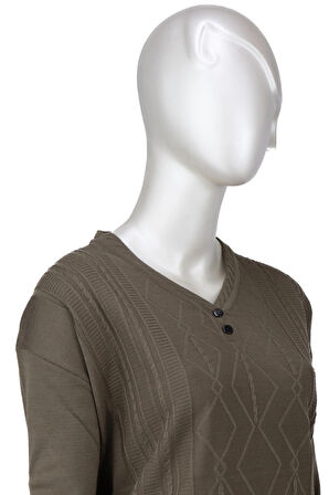 Oppland Kadın Kışlık Yünlü Örme Triko Anne Kazak Elmas Desenli iki Düğmeli V Yakalı Likralı Rahat Kesim Tam Kalıp