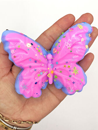 Kelebek Pullu Renkli Moj Moj Taba Squishy Sıkma 10x8 cm Pullu Sukuşi - Mavi/Pembe