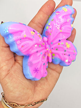Kelebek Pullu Renkli Moj Moj Taba Squishy Sıkma 10x8 cm Pullu Sukuşi - Mavi/Pembe