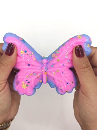 Kelebek Pullu Renkli Moj Moj Taba Squishy Sıkma 10x8 cm Pullu Sukuşi - Mavi/Pembe