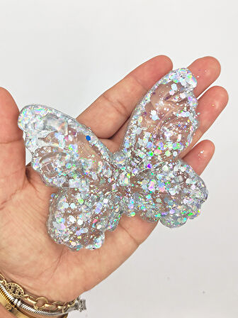 Kelebek Şeffaf Glitter Simli Moj Moj Taba Squishy Sıkma 10x8 cm Simli Sukuşi - Gri