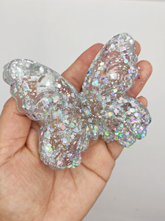 Kelebek Şeffaf Glitter Simli Moj Moj Taba Squishy Sıkma 10x8 cm Simli Sukuşi - Gri