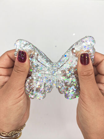 Kelebek Şeffaf Glitter Simli Moj Moj Taba Squishy Sıkma 10x8 cm Simli Sukuşi - Gri