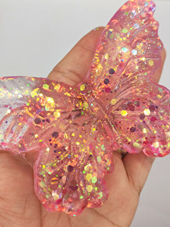 Kelebek Şeffaf Glitter Simli Moj Moj Taba Squishy Sıkma 10x8 cm Simli Sukuşi - Pembe