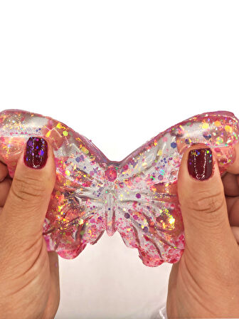 Kelebek Şeffaf Glitter Simli Moj Moj Taba Squishy Sıkma 10x8 cm Simli Sukuşi - Pembe