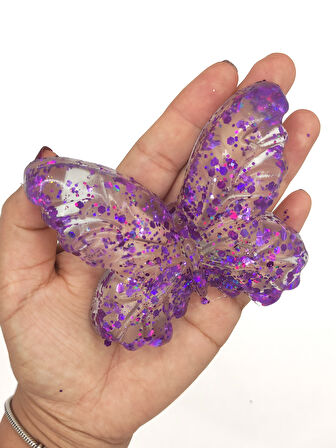 Kelebek Şeffaf Glitter Simli Moj Moj Taba Squishy Sıkma 10x8 cm Simli Sukuşi - Mor