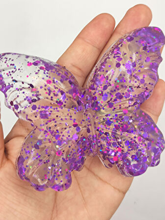 Kelebek Şeffaf Glitter Simli Moj Moj Taba Squishy Sıkma 10x8 cm Simli Sukuşi - Mor