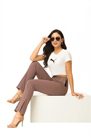 Oppland Kadın Hürrem Kumaş Premium Dokuma Pantolon Düz Renk Cepli Yırtmaçlı Paça Tam Kalıp