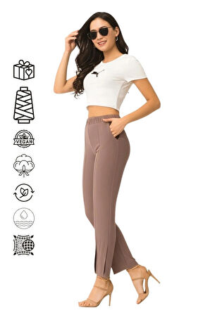 Oppland Kadın Hürrem Kumaş Premium Dokuma Pantolon Düz Renk Cepli Yırtmaçlı Paça Tam Kalıp