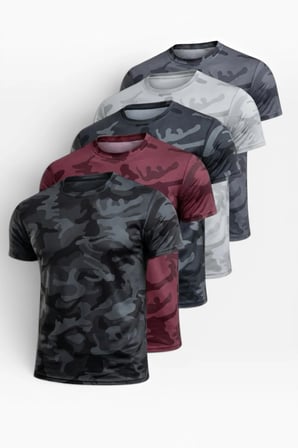 5'li Erkek Nem Emici Hızlı Kuruma Atletik Teknik Kamuflaj Desenli Spor T-shirt Siyah-Bordo-Lacivert-Gri-Füme