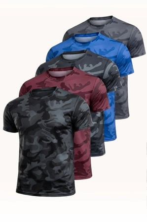 5'li Erkek Nem Emici Hızlı Kuruma Atletik Teknik Kamuflaj Desenli Spor T-shirt Siyah-Bordo-Lacivert-Mavi-Füme