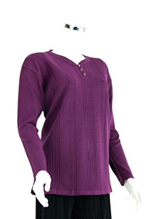 Oppland Kadın Kışlık Armut Yaka Üç Düğmeli Normal Kesim Likralı Pamuklu Kardelen Dokuma Anne Kazak