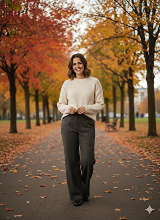 Oppland Kadın Pantolon Kalın Kışlık Cepli Şardonlu Pamuk Dokulu Beli Lastikli Kırçıl Desenli