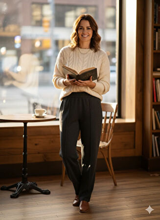 Oppland Kadın Pantolon Kalın Kışlık Cepli Şardonlu Pamuk Dokulu Beli Lastikli Kırçıl Desenli