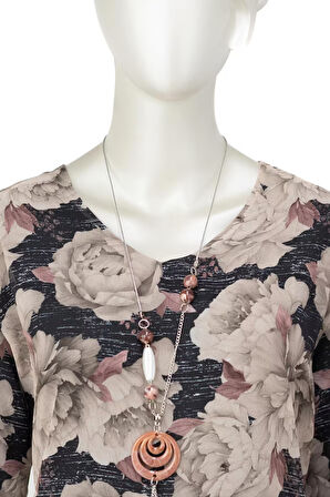 Oppland Kadın Klasik Şifon Anne Bluz Viskoz Kumaş Gül Desenli Kolyeli Uzun Kollu Astarlı Tam Kalıp