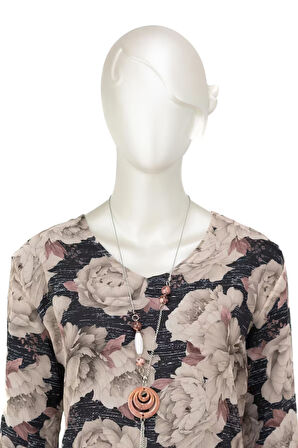 Oppland Kadın Klasik Şifon Anne Bluz Viskoz Kumaş Gül Desenli Kolyeli Uzun Kollu Astarlı Tam Kalıp