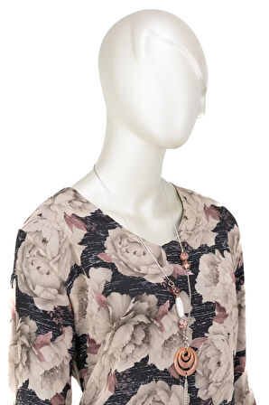 Oppland Kadın Klasik Şifon Anne Bluz Viskoz Kumaş Gül Desenli Kolyeli Uzun Kollu Astarlı Tam Kalıp