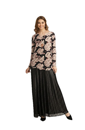 Oppland Kadın Klasik Şifon Anne Bluz Viskoz Kumaş Gül Desenli Kolyeli Uzun Kollu Astarlı Tam Kalıp