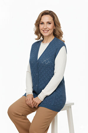 Oppland Kadın Kışlık Anne Yelek Pamuklu Triko Örme Düğmeli Cepli Klasik Esnek Rahat