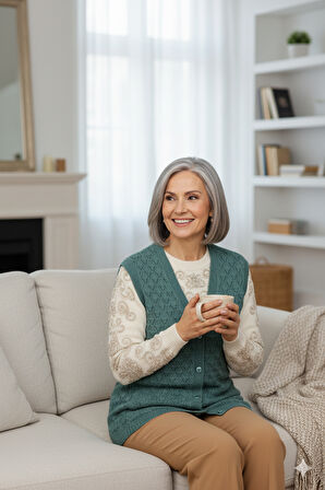 Oppland Kadın Kışlık Anne Yelek Pamuklu Triko Örme Düğmeli Cepli Klasik Esnek Rahat