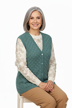 Oppland Kadın Kışlık Anne Yelek Pamuklu Triko Örme Düğmeli Cepli Klasik Esnek Rahat