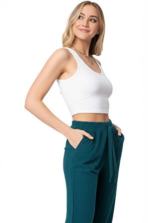 Oppland Kadın Kışlık Pantolon Pamuklu Burgu Kumaş Beli Lastikli Saç Örgü Modelli Likralı Geniş Paça